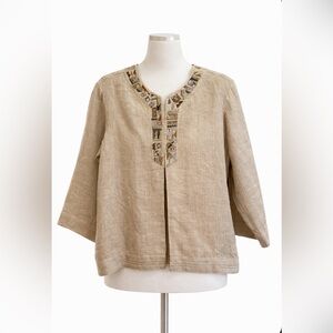 Chicos Linen Blend Jacket Size 3 Embellished Boho Neutral Open Front